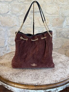 Coach Deep Brown Quilted Suede Shoulder Tote with Gold Chain